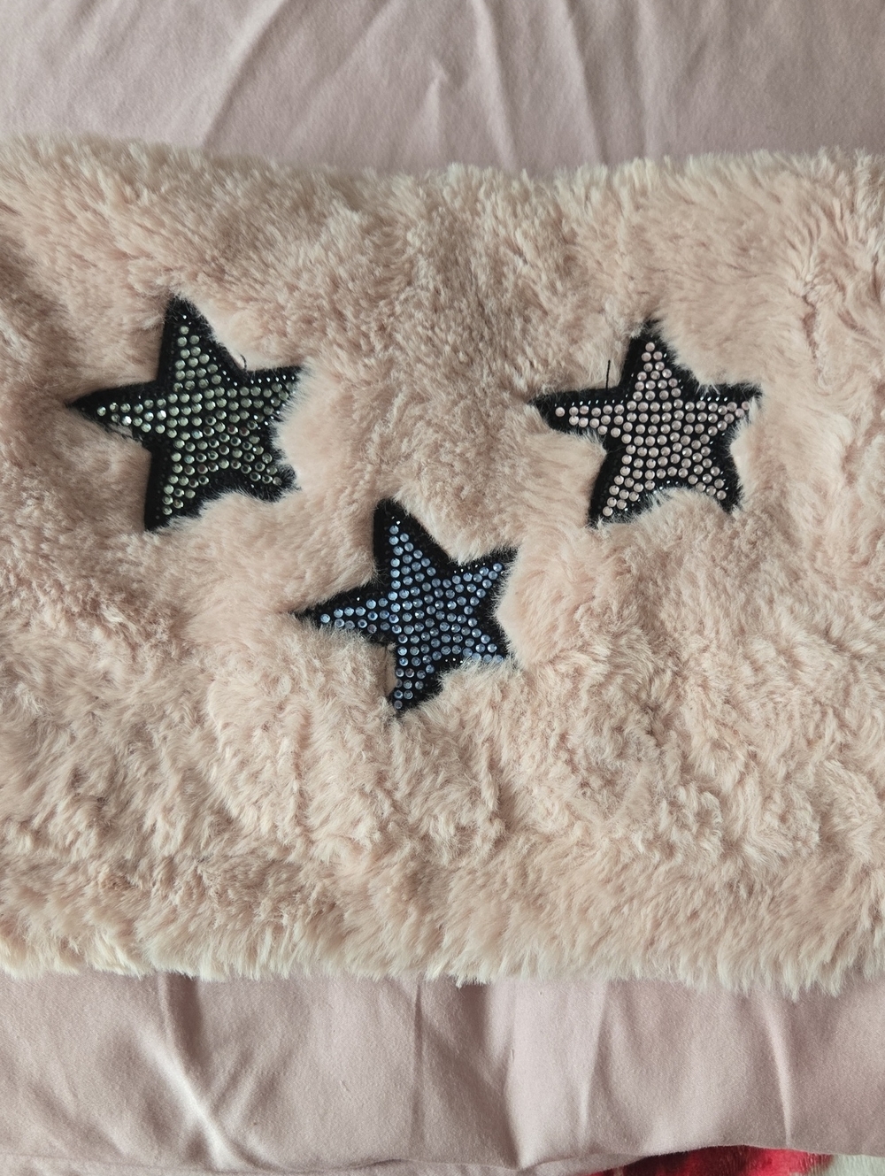 Pink, Soft, Plush Star Decor Makeup Pouch Or Accessory Bag with Sparkle Studs